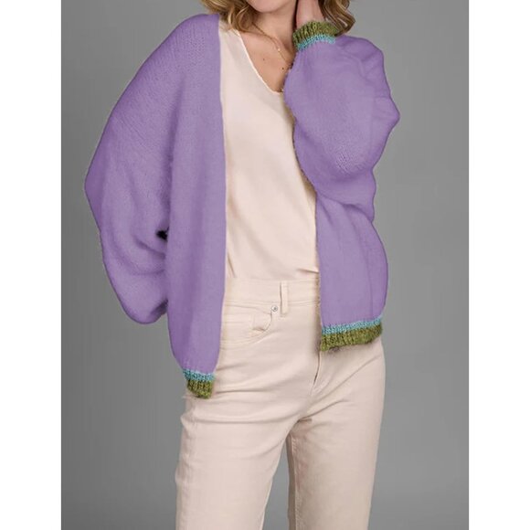 Women's Wool-Polyester Long Sleeve Color Block Open Front Cardigan - Picture 4 of 6